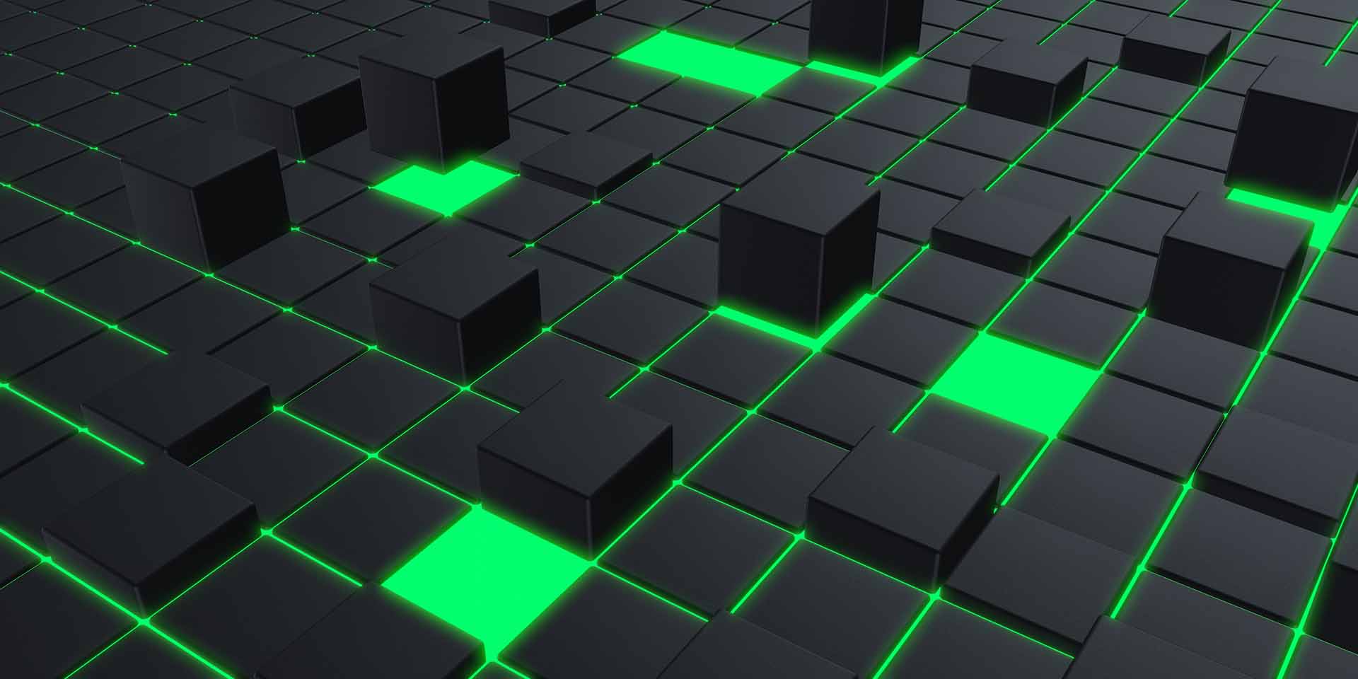 3d illustration dark grey squares and GREEN LIGHT framing modern